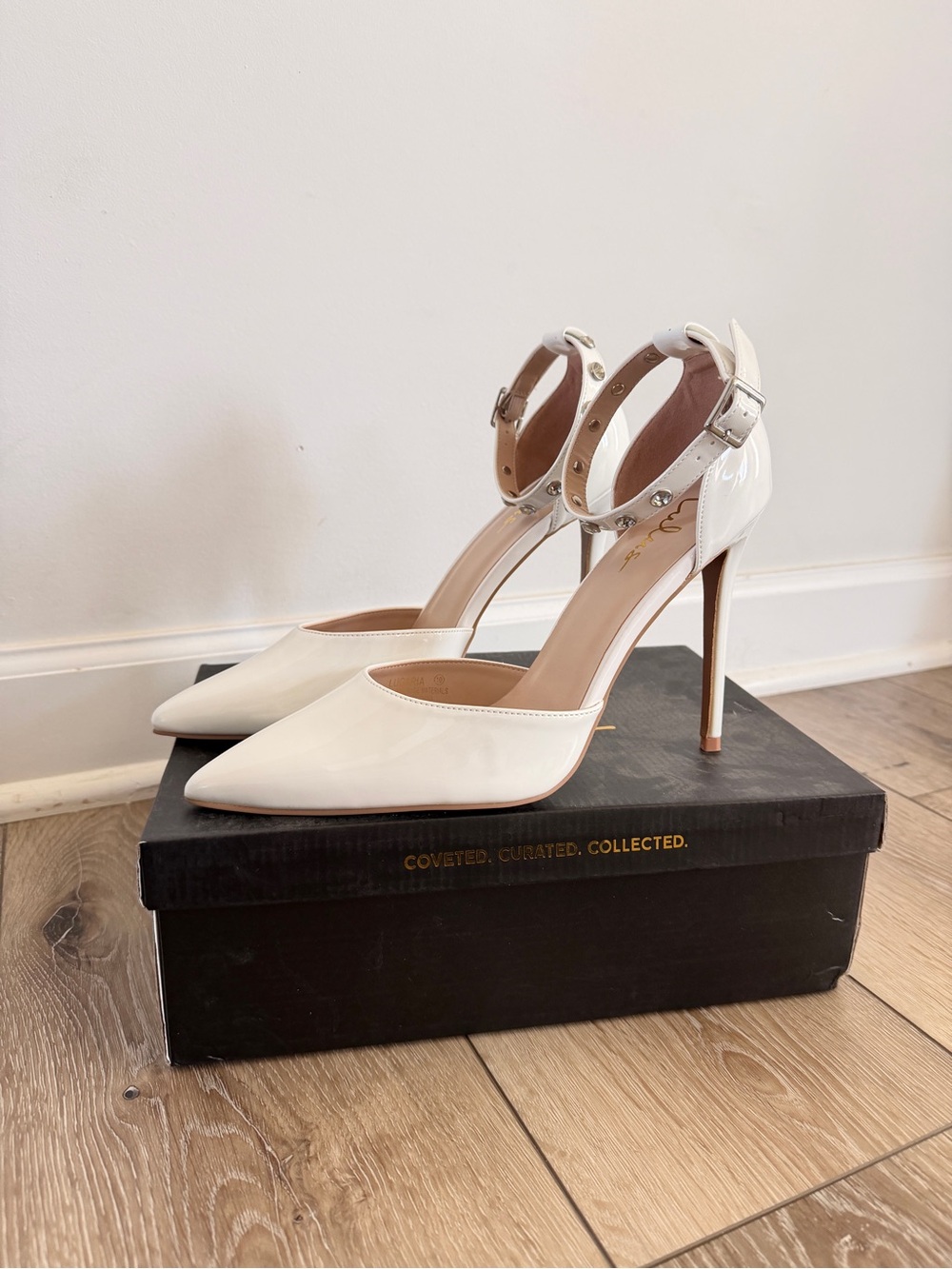 Lulu's White Patent Pointed Ankle-Strap Stiletto Heels